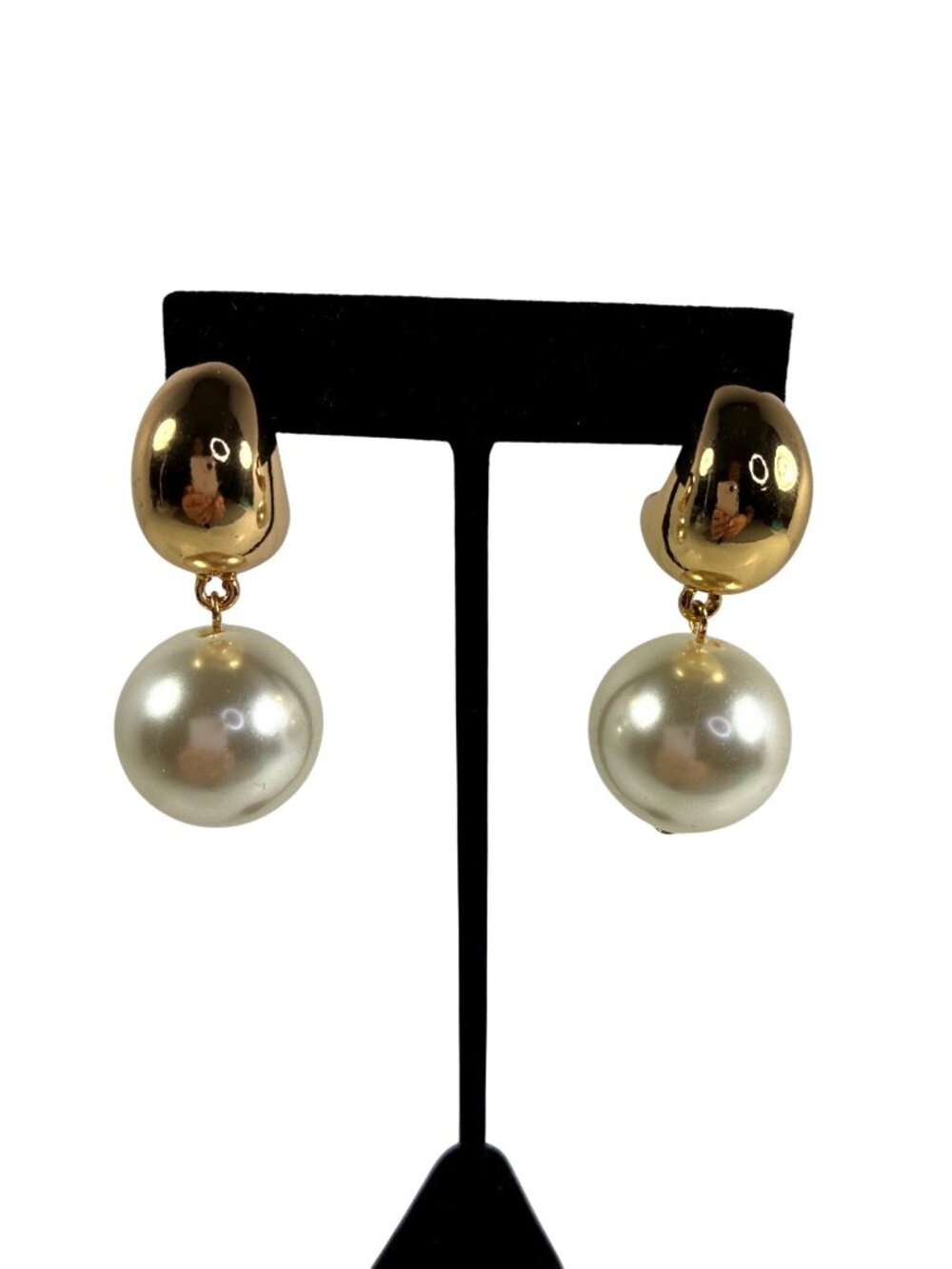 Gold Tone Pearl Drop Hoop Earrings Large Faux Pearl Statement Dangle Modern